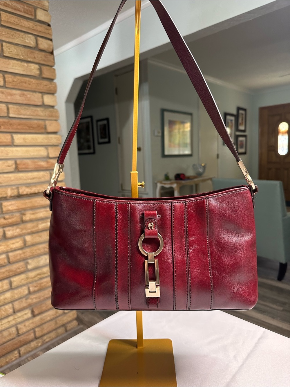 Etienne Aigner Oxblood Red Leather Shoulder Bag with Gold Hardware